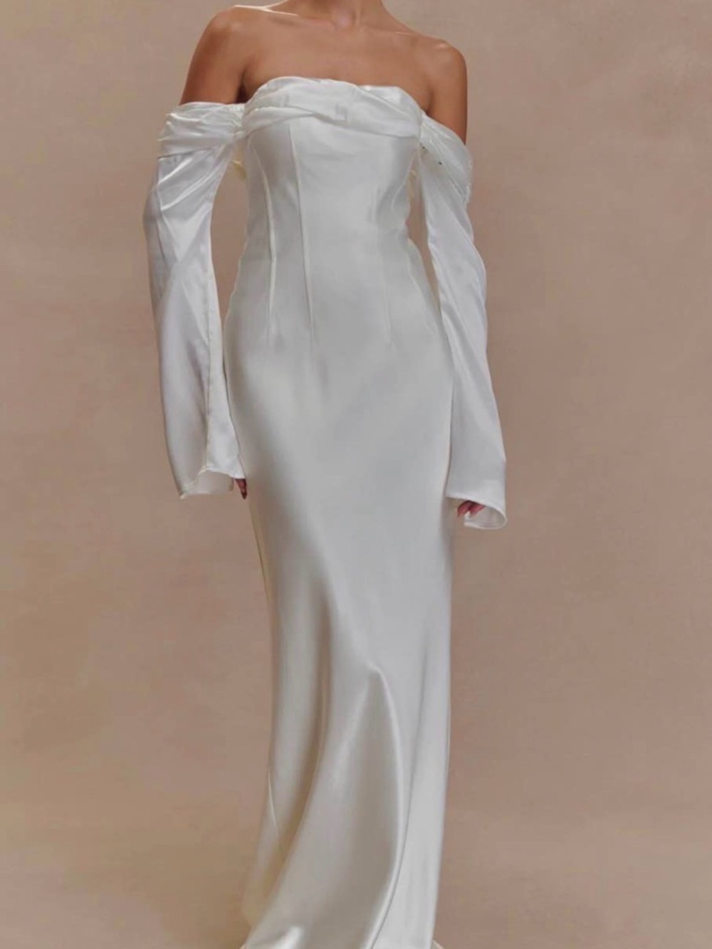Meshki Off-Shoulder Satin White Evening Gown